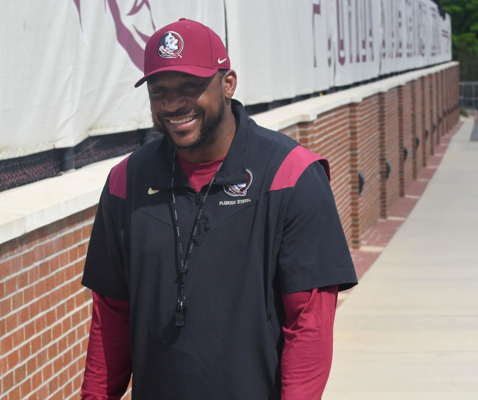 Florida State defensive backs coach Patrick Surtain Jr. arrives for the fifth FSU spring football practice of the 2023 season on Thursday, March 23.
