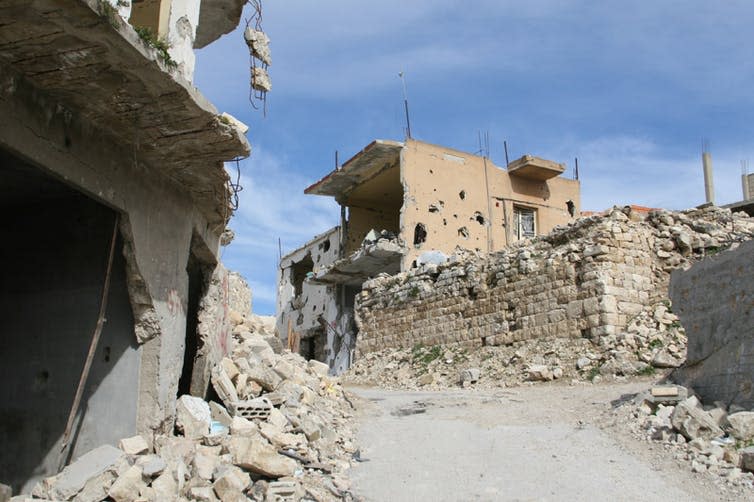 Buildings destroyed by fighting in the Lebanese village of Bint Jbeil, 2006.