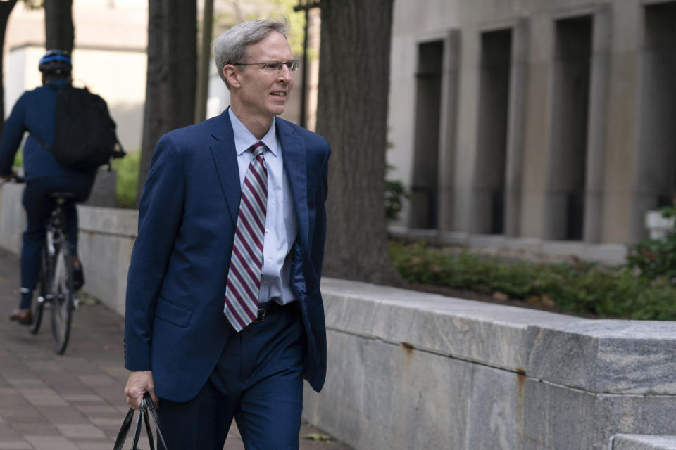 John Schmidtlein, a partner at the law firm Williams & Connolly which is representing Google, arrives at the U.S. Federal Courthouse Thursday, Sept. 21, 2023, in Washington. (AP Photo/Jose Luis Magana)