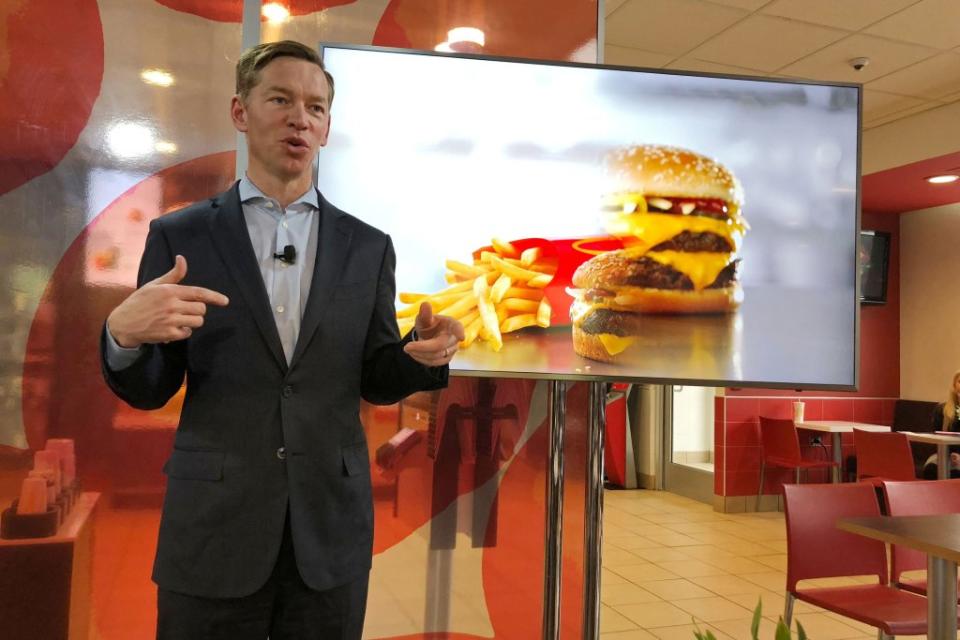McDonald's U.S President Chris Kempczinski speaks about fresh beef expansion at a McDonald’s event in Oak Brook, Illinois, United States March 5, 2018. REUTERS/Richa Naidu