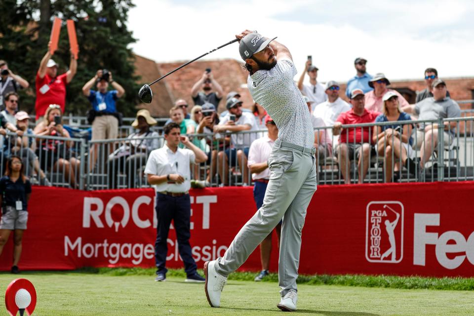 Max Homa tees for the first during Round 1 of the Rocket Mortgage Classic at the Detroit Golf Club in Detroit on Thursday, July 28, 2022.