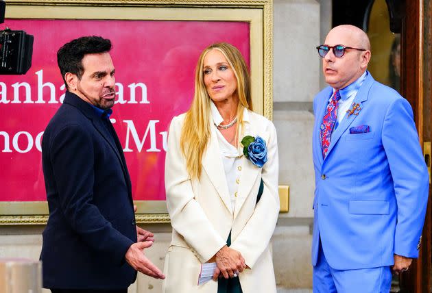 Mario Cantone, Sarah Jessica Parker and Willie Garson are seen filming 