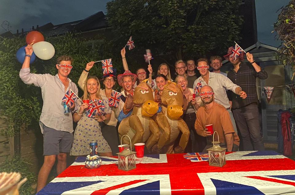 Ella McEwen and friends wearing inflatable horse costumes