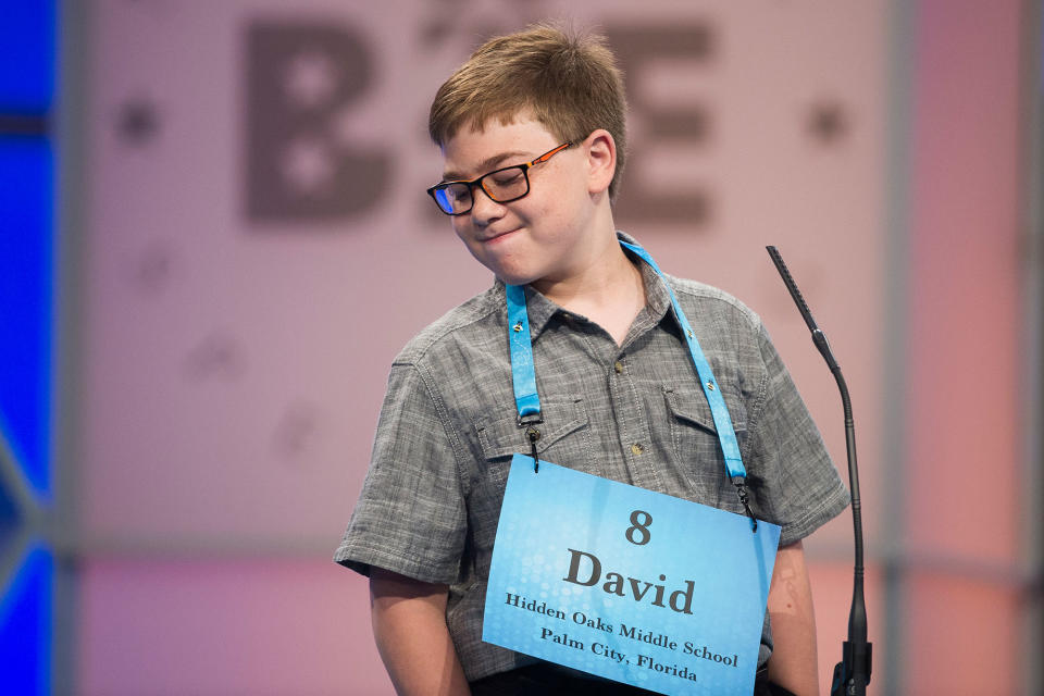 <p>David Firestone from Palm City, Fla., reacts after misspelling his word during the 90th Scripps National Spelling Bee in Oxon Hill, Md., Wednesday, May 31, 2017. (AP Photo/Cliff Owen) </p>