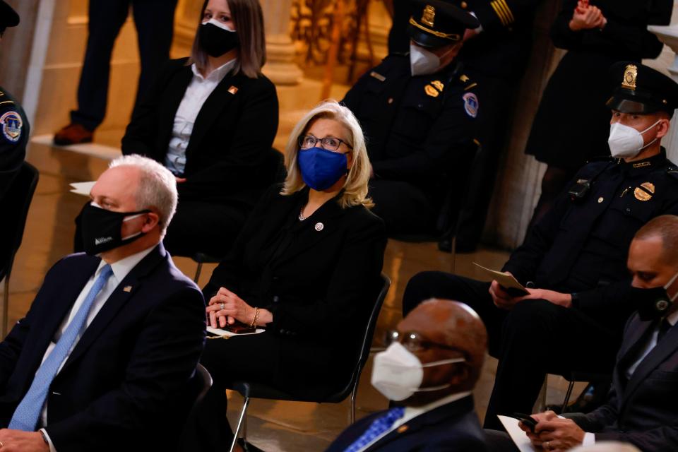 Rep. Liz Cheney, R-Wyo., attends the Congressional ceremony for U.S. Capitol Police officer Brian Sicknick as he lays in honor in the Rotunda of the Capitol on Feb. 3, 2021, in Washington.