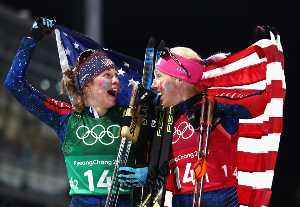 Kikkan Randall and Jessica Diggins were two of several women athletes to make history in Pyeongchang. (Photo: Lars Baron via Getty Images)