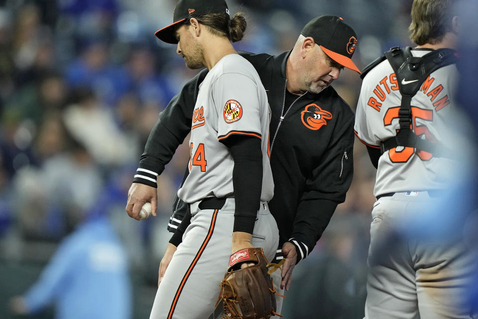 Baltimore Orioles manager Brandon Hyde sends starting pitcher Dean Kremer to the dugout as he makes a pitching change during the sixth inning of a baseball game against the Kansas City Royals Friday, April 19, 2024, in Kansas City, Mo. (AP Photo/Charlie Riedel)