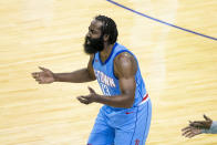 Houston Rockets guard James Harden (13) reacts to a call during the team's NBA basketball game against the Los Angeles Lakers on Tuesday, Jan. 12, 2021, in Houston. (Mark Mulligan/Houston Chronicle via AP)