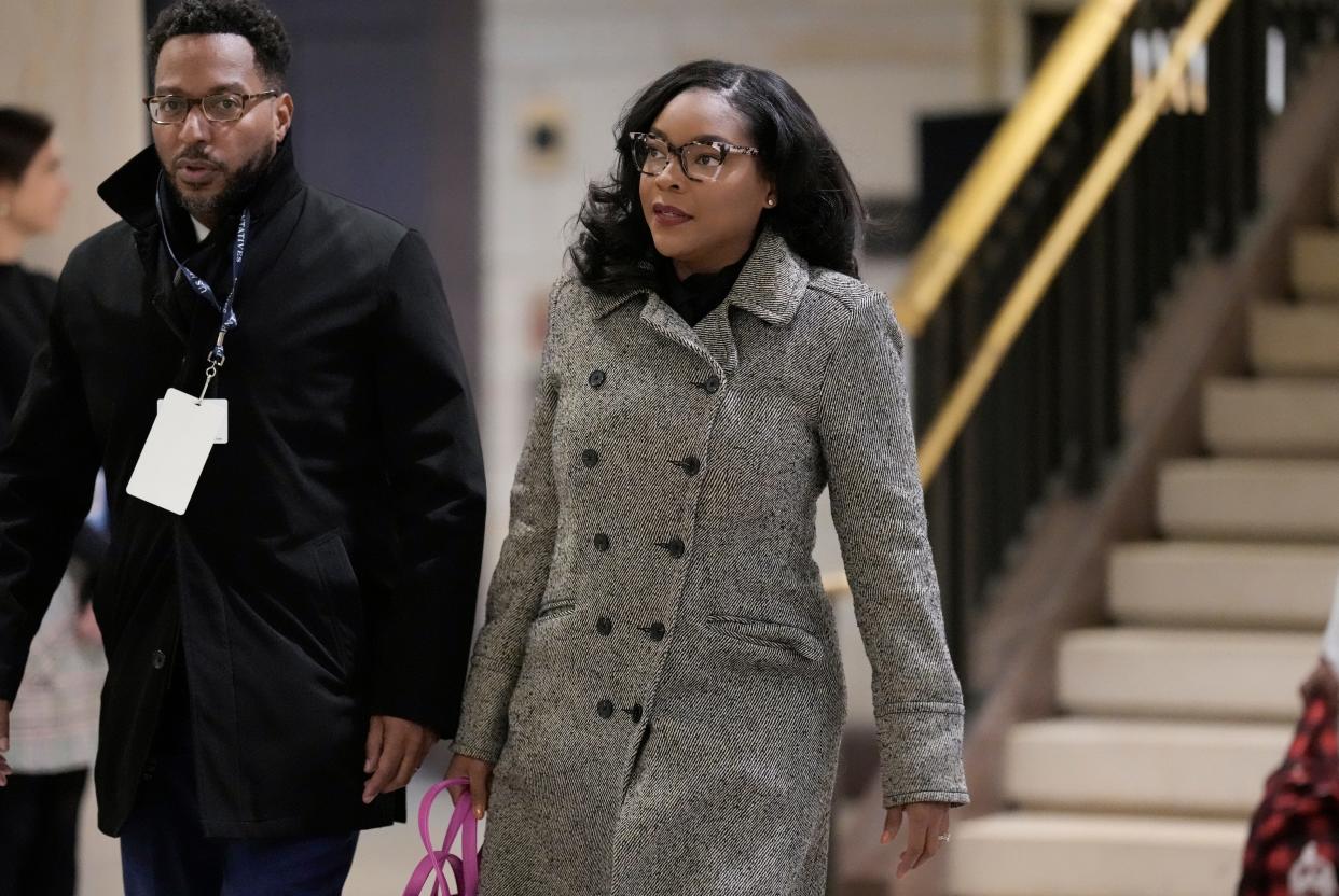 Rep. Emilia Sykes, D-Ohio, joins other newly elected members of the House of Representatives as they arrive at the Capitol for an orientation program, in Washington, Nov. 14.