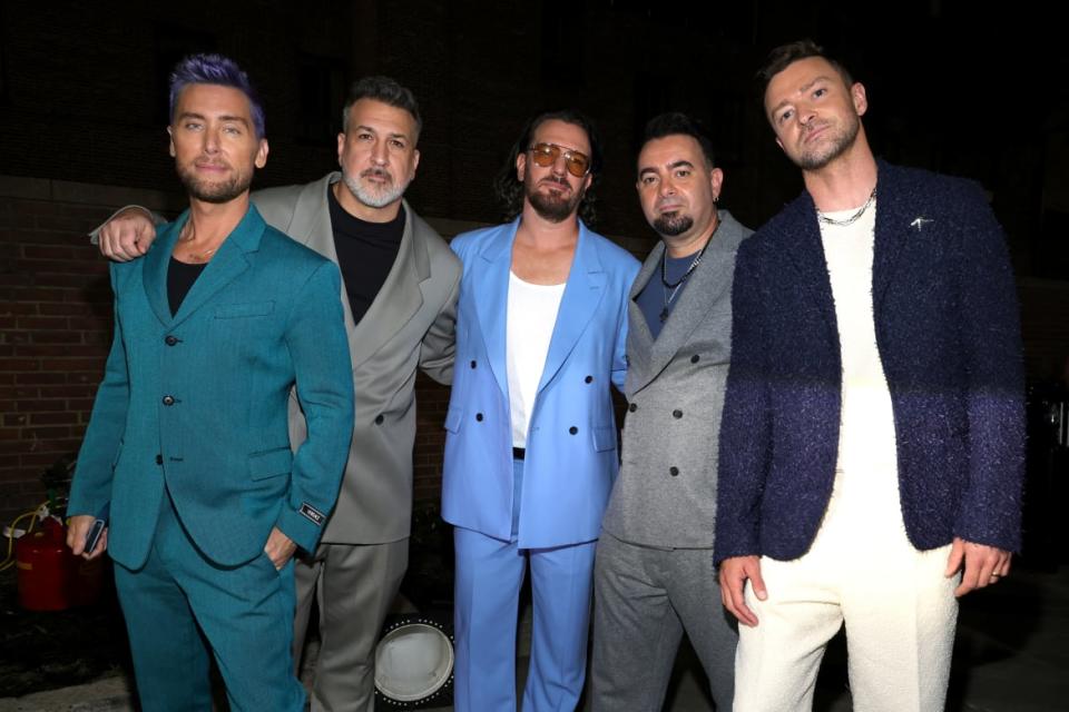 Photo of Lance Bass, Joey Fatone, JC Chasez, Chris Kirkpatrick and Justin Timberlake of NSYNC at the 2023 MTV Video Music Awards