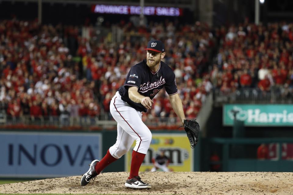 Washington Nationals starting pitcher Stephen Strasburg throws his final pitch during the seventh inning of Game 3 of the baseball National League Championship Series against the St. Louis Cardinals Monday, Oct. 14, 2019, in Washington. (AP Photo/Jeff Roberson)