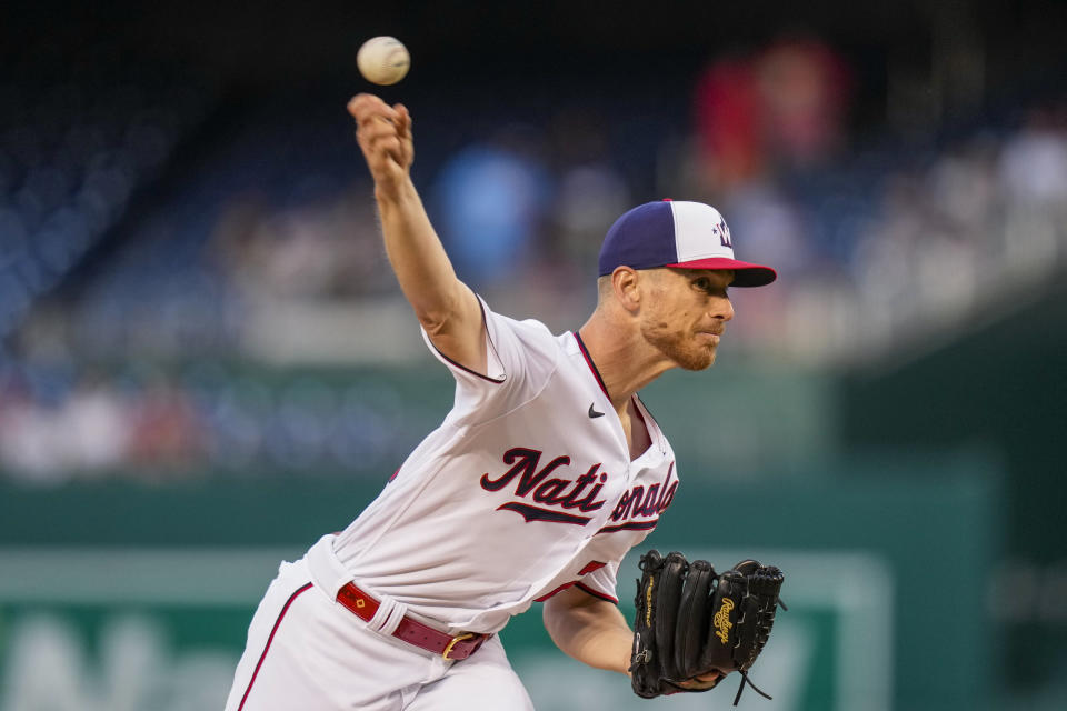 Washington Nationals starting pitcher Chad Kuhl throws during the first inning of a baseball game against the Tampa Bay Rays at Nationals Park, Tuesday, April 4, 2023, in Washington. (AP Photo/Alex Brandon)