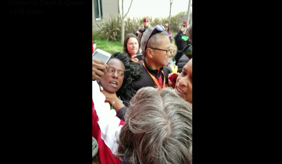 Oakland Unified School District board member Jumoke Hinton-Hodge apologized for choking kindergarten teacher Darnisha Wright during the California teacher strike. (Screenshot: Facebook/Daph E. Crane