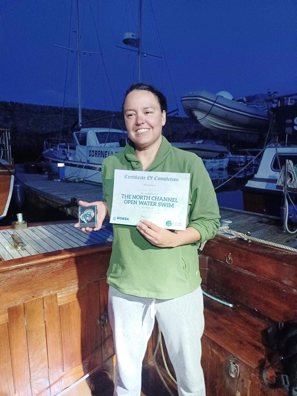 Morton native Bethany Mitchell after successfully swimming across the North Channel between Ireland and Scotland on July 27, 2023.