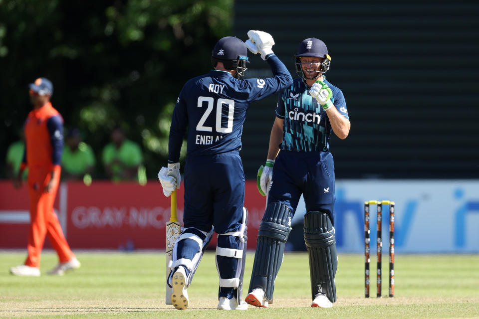 Jason Roy and Jos Buttler, pictured here in action for England in the third ODI against Netherlands.