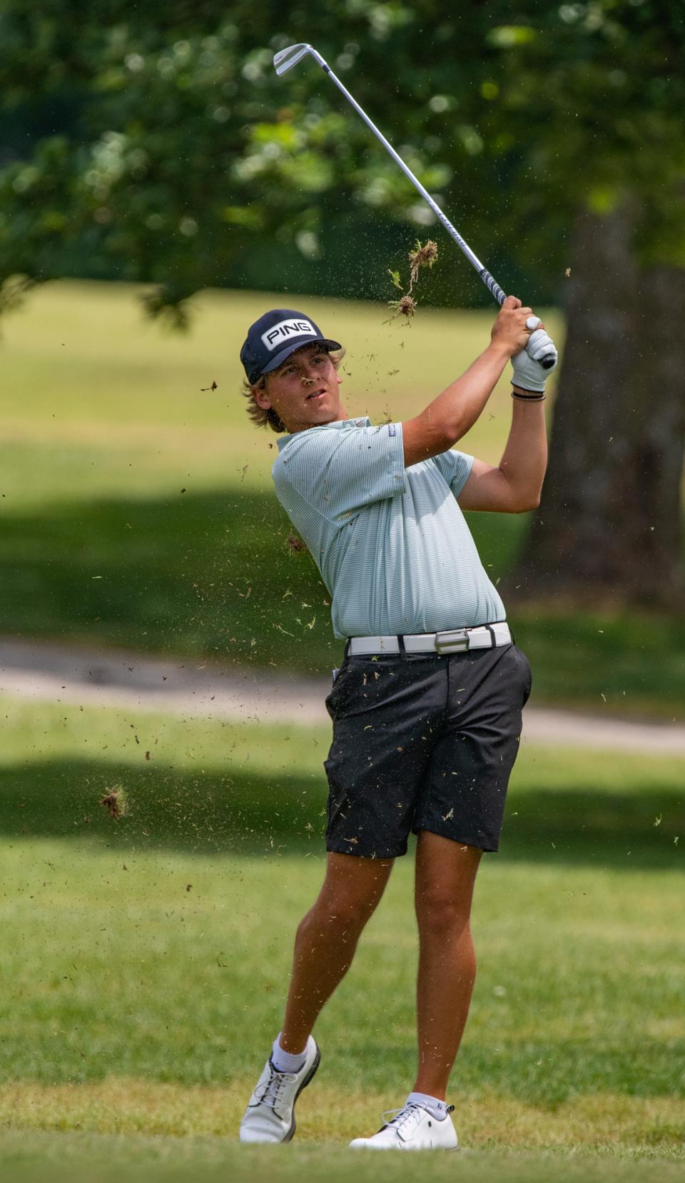 North’s Peyton Butler tees off from the eighth green during the IHSAA boys golf sectional at Helfrich Hills Golf Course in Evansville, Ind., Thursday morning, June 1, 2023.