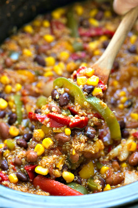 <p>This vegetarian dish is packed full of protein. </p><p><strong>Get the recipe: <a href="http://www.chelseasmessyapron.com/slow-cooker-southwestern-fajita-quinoa/" rel="nofollow noopener" target="_blank" data-ylk="slk:Southwest Crockpot Quinoa and Veggies;elm:context_link;itc:0;sec:content-canvas" class="link ">Southwest Crockpot Quinoa and Veggies</a></strong></p>