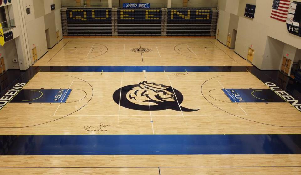 The new branding on the newly refinished courts of Curry Arena, home of Queens University of Charlotte basketball, volleyball, and wrestling.