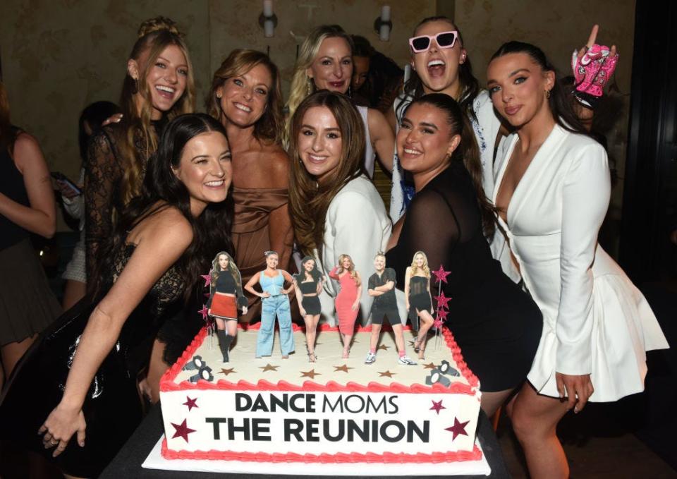 (L-R) Paige Hyland, Brooke Hyland, Kelly Hyland, Chloe Lukasiak, Christi Lukasiak, Kalani Hilliker, JoJo Siwa and Kendall Vertes attend "Dance Moms: The Reunion" Premiere Event & Red Carpet at Moxy Hotel on April 25, 2024, in New York City.