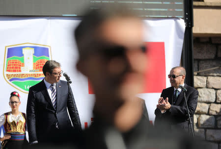 Turkish President Tayyip Erdogan reacts next to Serbia's President Aleksandar Vucic during their visit to Novi Pazar, Serbia, October 11, 2017. REUTERS/Marko Djurica