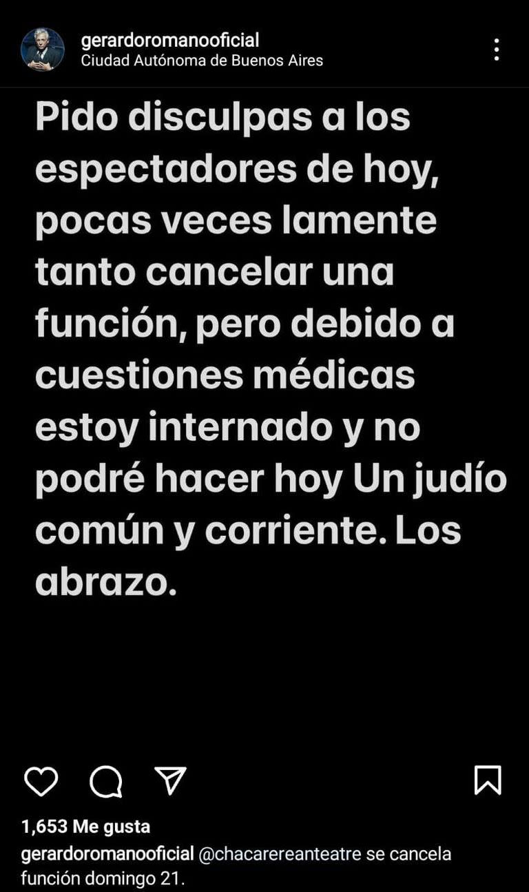 El posteo de Gerardo Romano en Instagram