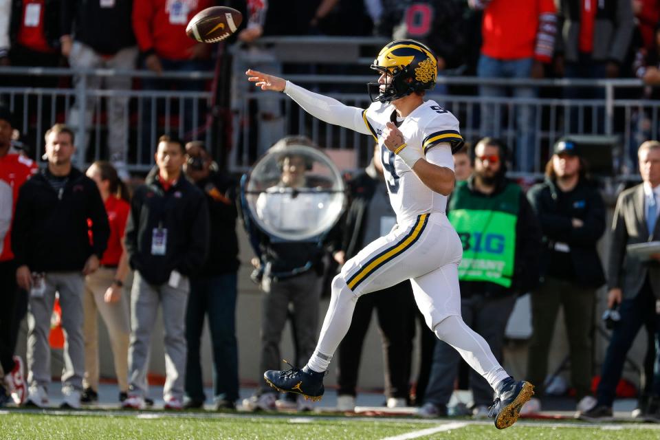 Michigan quarterback J.J. McCarthy makes a pass against Ohio State during the second half at Ohio Stadium in Columbus, Ohio, on Saturday, Nov. 26, 2022.