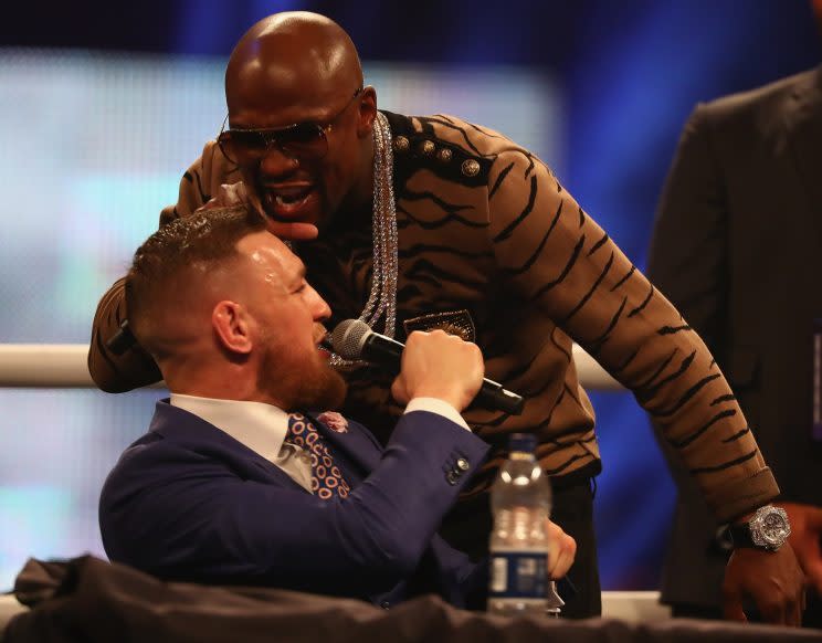 Floyd Mayweather screams at Conor McGregor during the fourth and final press conference during the world promotional tour (Getty Images).