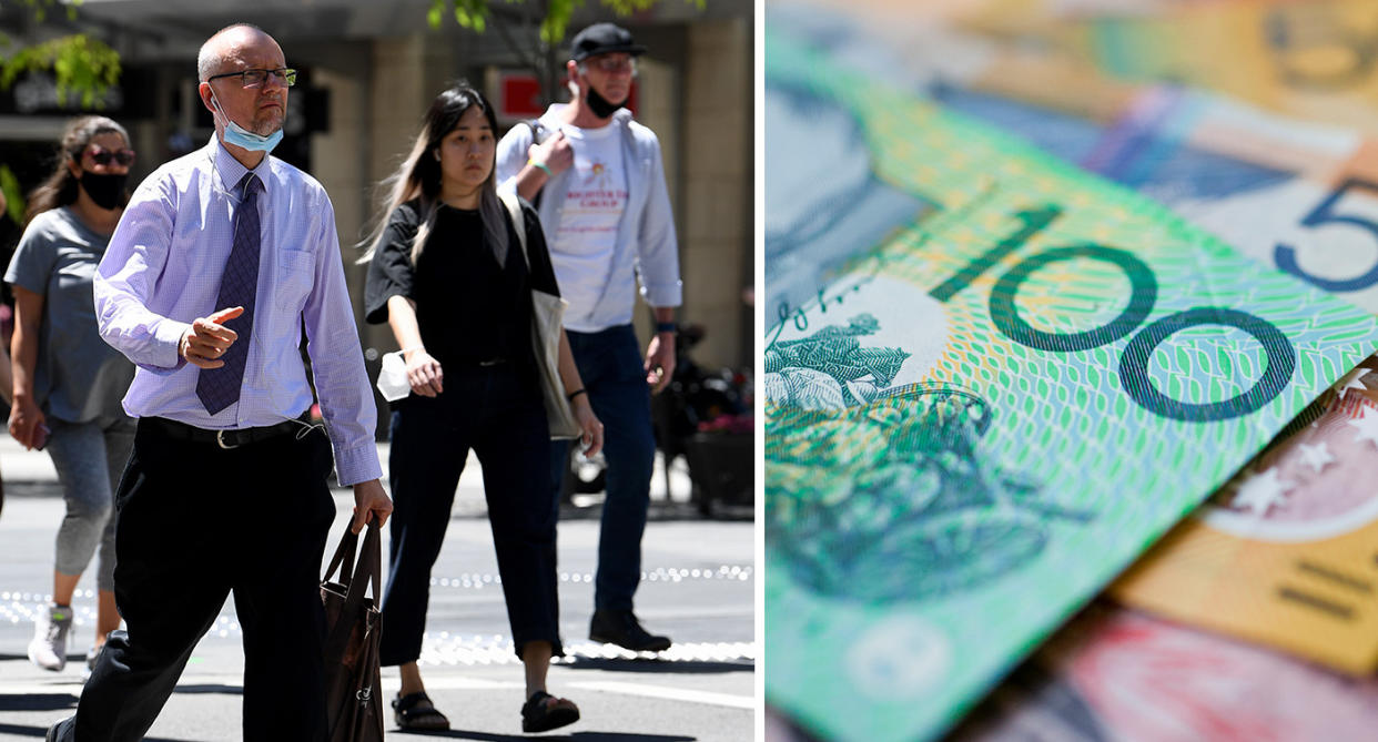 people walking on a busy street and Australian currency to represent pension boost.