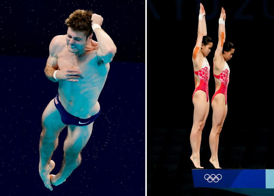 LEFT: Andrew Capobianco (USA) in the men's 3m springboard synchronized diving competition on Wednesday, July 28, 2021, during the Tokyo 2020 Olympic Summer Games at Tokyo Aquatics Centre.RIGHT: Chen Yuxi and Zhang Jiaqi (CHN) compete in the women's 10m platform synchronized diving competition on Monday, July 27, 2021, during the Tokyo 2020 Olympic Summer Games at Tokyo Aquatics Centre in Tokyo, Japan.