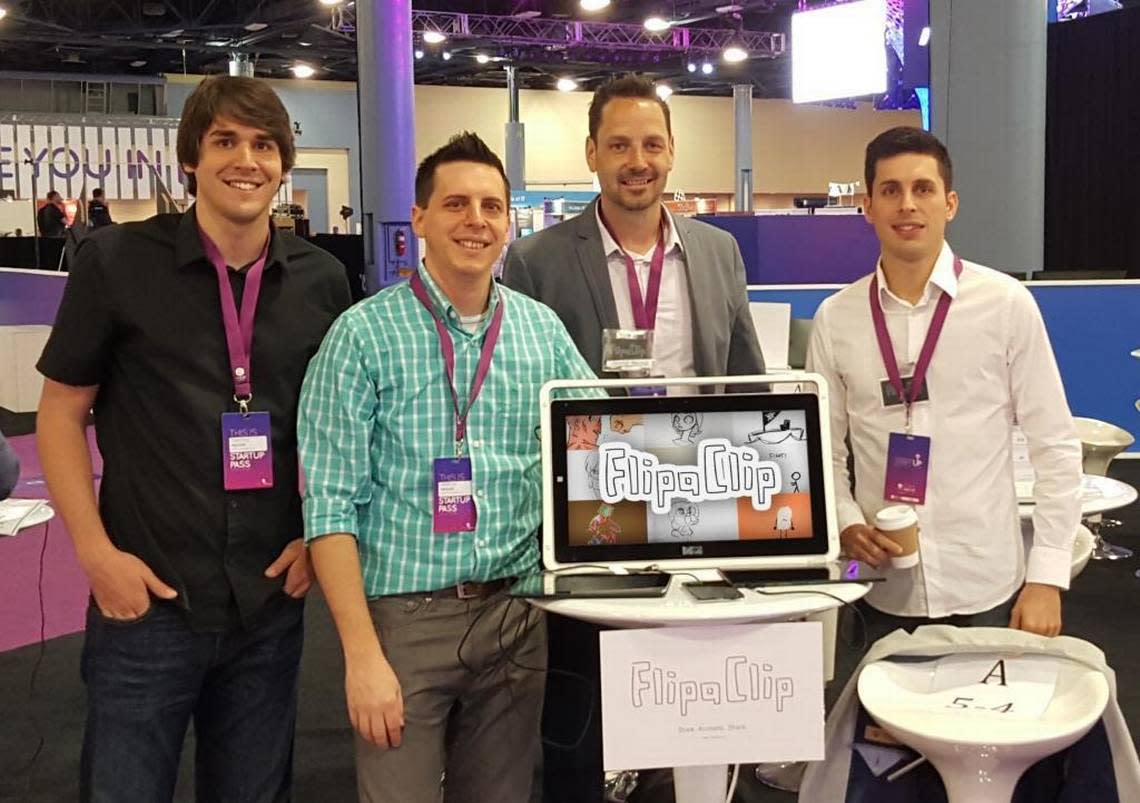 The Meson brothers, of Miami-based Visual Blasters, and one of their company advisors, at eMerge Americas trade show in Miami Beach in 2015. From left: Tim Meson, Marcos Meson, Jeremy Meccage and Jonathan Meson.