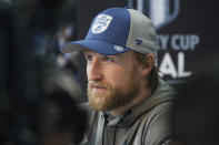 Tampa Bay Lightning center Steven Stamkos considers a question during an NHL hockey media day before Game 1 of the Stanley Cup Finals, Tuesday, June 14, 2022, in Denver. (AP Photo/David Zalubowski)