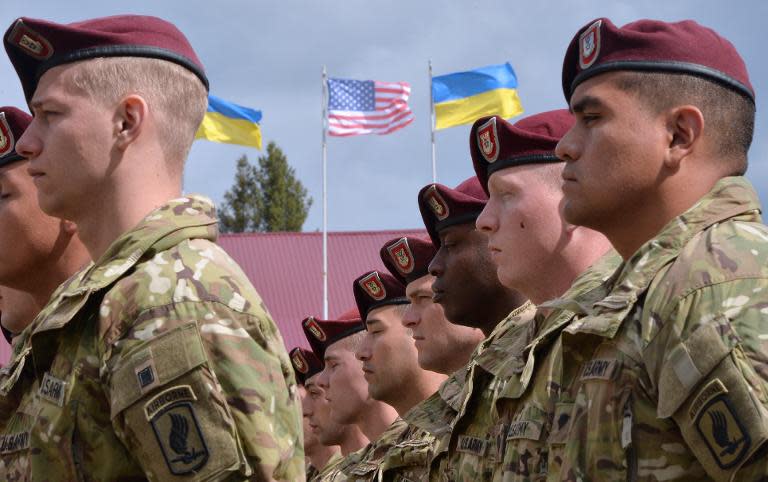 US soldiers attend the opening ceremony of the joint Ukrainian-US military exercise 'Fearless Guardian' at the Yavoriv training ground in the western Ukrainian region of Lviv, on April 20, 2015