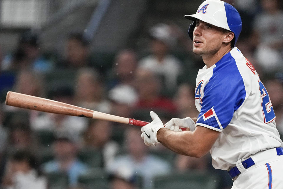 Atlanta Braves' Matt Olson drives in a run with a sacrifice fly in the fifth inning of a baseball game against the Milwaukee Brewers, Friday, July 28, 2023, in Atlanta. (AP Photo/John Bazemore)