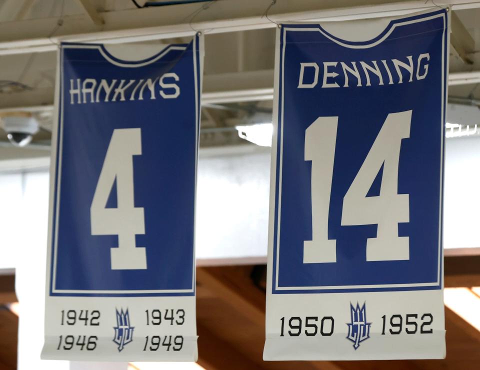 The retired jersey number of Blaine Denning Sr. hangs inside of Don Ridler Field House on Wednesday, Feb. 21, 2024. Denning is in the Lawrence Technological University Athletic Hall of Fame.