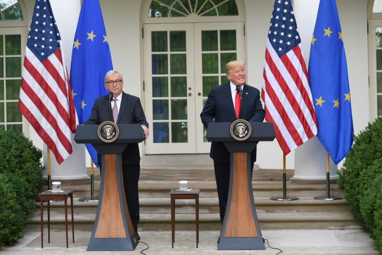 US President Donald Trump and European Commission chief Jean-Claude Juncker, seen here after White House talks, have moved to defuse trade row