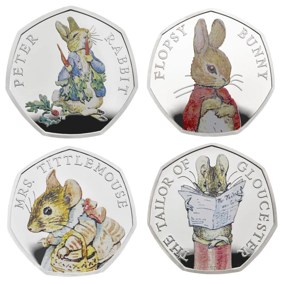 Royal Mint undated handout photo of its 2018 Beatrix Potter limited edition commemorative coins, featuring four of her best-loved characters, Peter Rabbit, Flopsy Bunny, MrsTittlemouse and a helpful mouse from 'The Tailor of Gloucester'. (Royal Mint/PA)