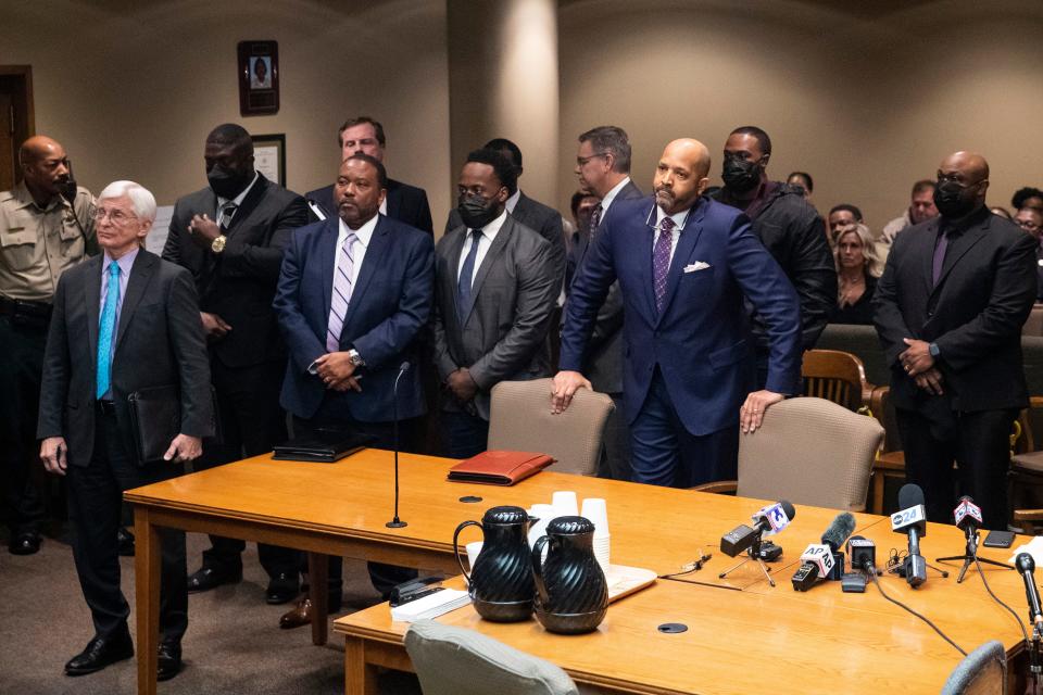The five former Memphis police officers charged for their involvement in the beating of Tyre Nichols stand in court with their legal representation as they plead not guilty at the Shelby County Criminal Justice Center in Memphis, on Friday, February 17, 2023.
