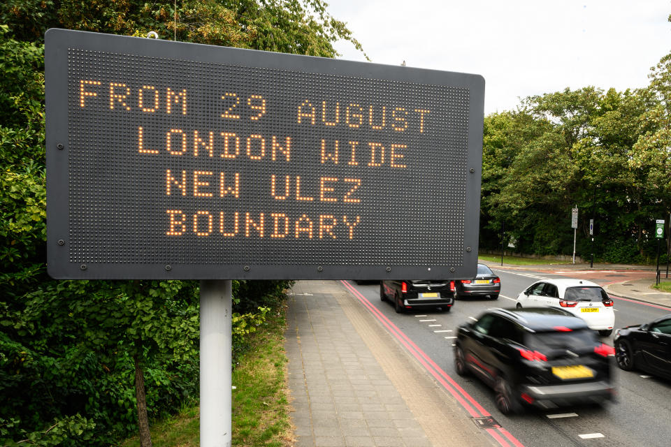 LONDON, ENGLAND - AUGUST 29: A digital display board warns drivers of the introduction of the new boundary for the LEZ and ULEZ expansion on August 29, 2023 in London, England. August 29 is the first day of the London-wide Ultra Low Emission Zone (ULEZ) expansion to all of Greater London, a policy designed to reduce air pollution by imposing charges on drivers of older, more polluting vehicles. The new rules have sparked political backlash in some parts of London and neighbouring counties. (Photo by Leon Neal/Getty Images)