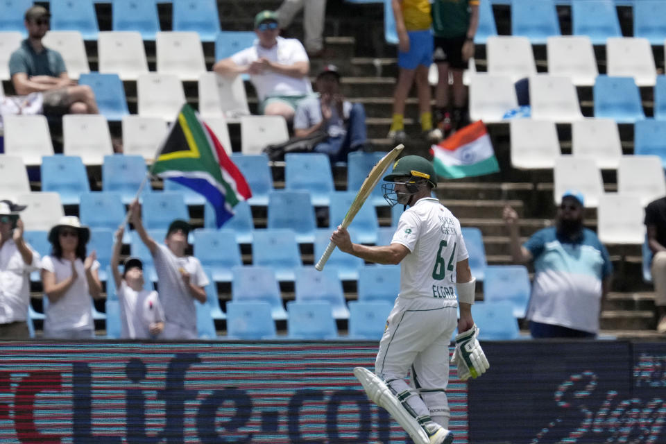 South Africa's batsman Dean Elgar leaves the field after being dismissed by India's bowler Shardul Thakur for 185 runs during the third day of the Test cricket match between South Africa and India, at Centurion Park, in Centurion, on the outskirts of Pretoria, South Africa, Thursday, Dec. 28, 2023. (AP Photo/Themba Hadebe)