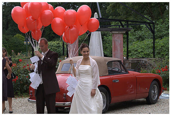 Make a grand entrance at your reception by carrying matching bride-and-groom balloons. Bonus points…