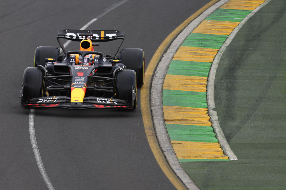 Red Bull driver Max Verstappen of Netherlands races his car during a practice session ahead of the Australian Formula One Grand Prix at Albert Park in Melbourne, Friday, March 31, 2023. (AP Photo/Asanka Brendon Ratnayake)