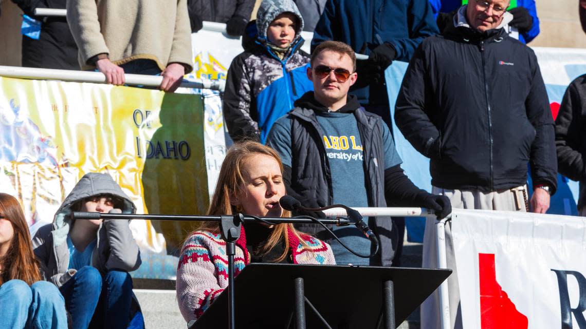 Megan Wold, a former law clerk for Justice Samuel Alito, speaks at the Boise March for Life rally at the Idaho Capitol on Saturday, Jan. 21, 2023.