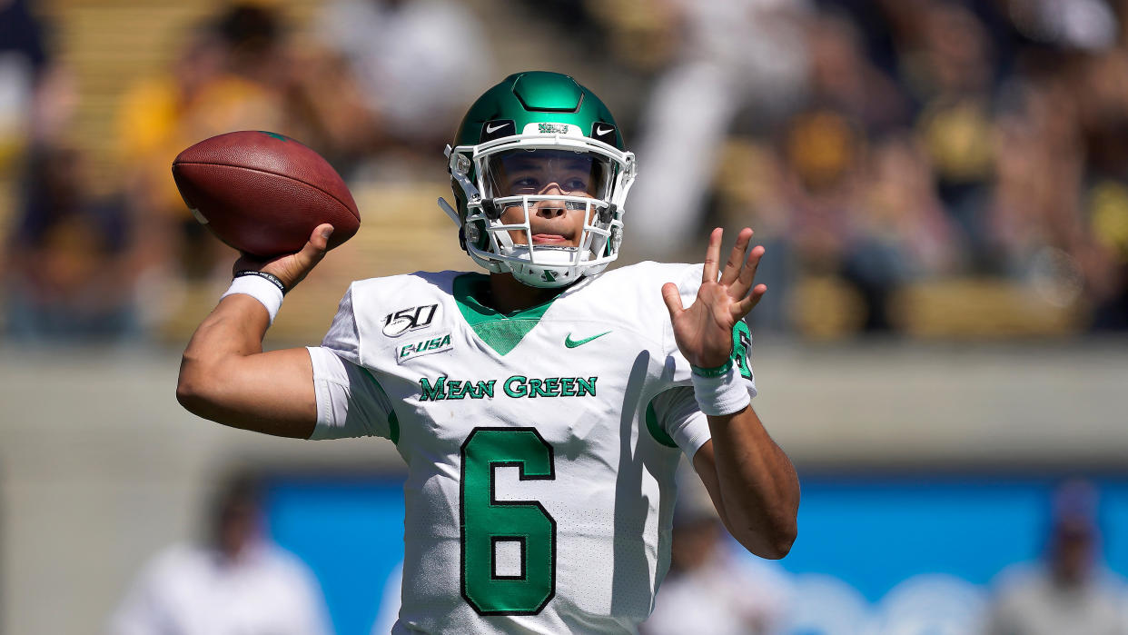 Clearly stuck in the Halloween spirit, North Texas quarterback Mason Fine wore an inflatable T-Rex costume after throwing seven touchdowns Saturday afternoon.