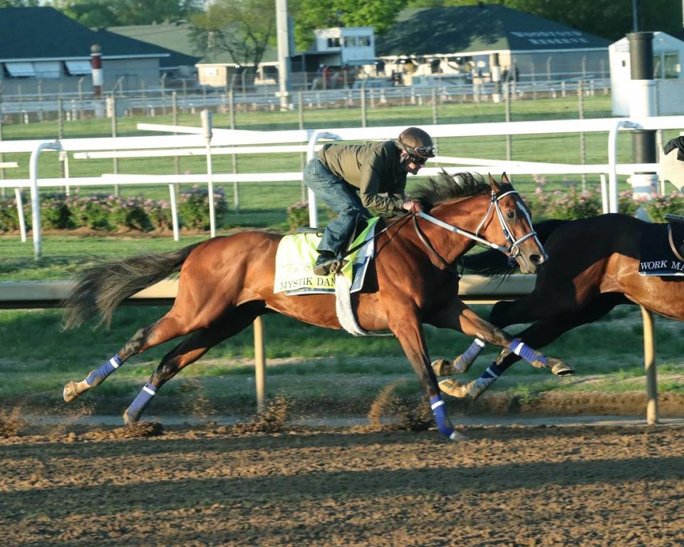 Kentucky Derby hopeful Mystik Dan works at Churchill Downs on April 20. He finished third in his last race, the Grade 1 Arkansas Derby at Oaklawn Park on March 30.