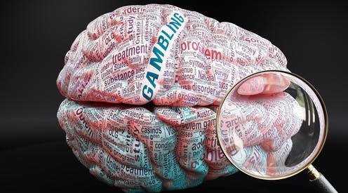 <span class="caption">The brains of gambling addicts activate in specific ways.</span> <span class="attribution"><a class="link " href="https://www.shutterstock.com/image-illustration/gambling-human-brain-concept-showing-hundreds-2114685956" rel="nofollow noopener" target="_blank" data-ylk="slk:GoodIdeas/Shutterstock;elm:context_link;itc:0;sec:content-canvas">GoodIdeas/Shutterstock</a></span>