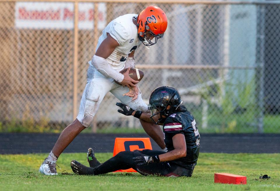 Benjamin wide reciever Amaree Williams taunts 
Palm Beach Central cornerback Mikey Gayle
during their game in Wellington, Florida on October 6, 2023.