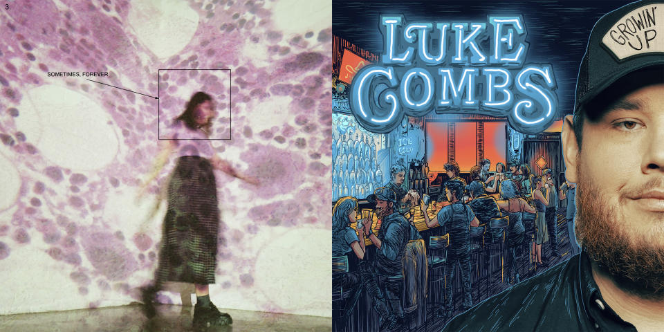 This combination of photos shows album art for "Sometimes, Forever" by Soccer Mommy, left, and "Growin' Up" by Luke Combs. (Loma Vista via AP, left, and River House Artists/Columbia Nashville via AP)