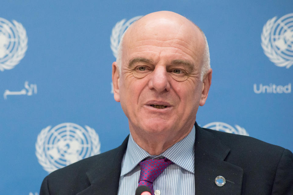 UN HEADQUARTERS, NEW YORK, NY, UNITED STATES - 2016/04/19: David Nabarro responds to a member of the press. Selwin Hart, Director of the Secretary-General's Climate Change Support Team, and Dr. David Nabarro, Special Adviser on 2030 Agenda for Sustainable Development, held a press conference at UN Headquarters to discuss the upcoming Global Climate Agreement Signing Ceremony (April 22) and to detail the mechanisms of its implementation. (Photo by Albin Lohr-Jones/Pacific Press/LightRocket via Getty Images)