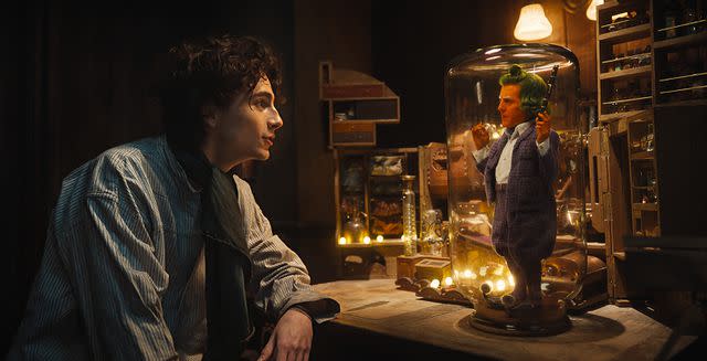 <p>Courtesy of Warner Bros. Pictures</p> Timotheé Chalamet and Hugh Grant in 'Wonka'