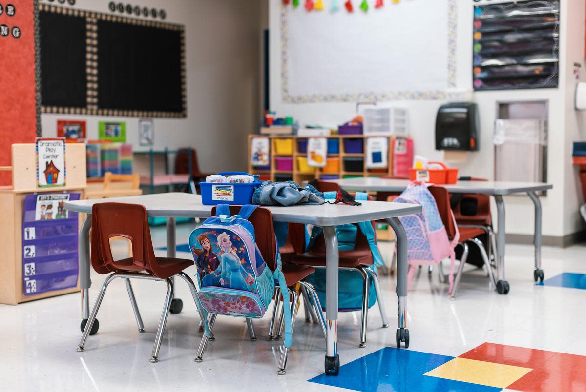 Students backpacks hang off the back of their chairs in an empty classroom at Blanco Vista Elementary School in San Marcos on Monday August, 23, 2021.